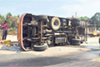 Karkala: Fish lorry overturns; driver injured